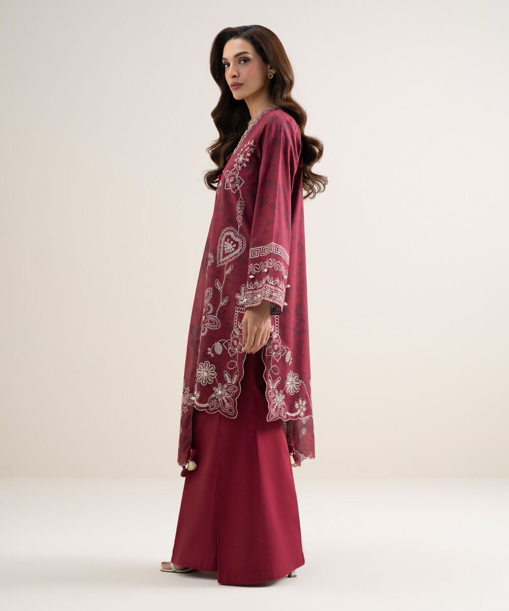 Women's Unstitched Lawn Embroidered Maroon 3 Piece Suit
