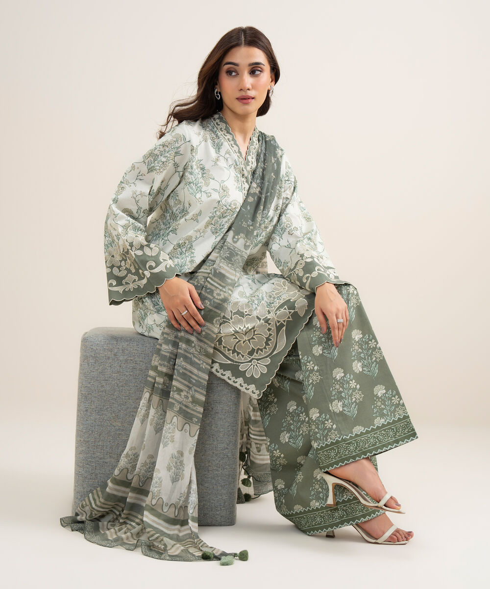 Women's Unstitched Lawn Embroidered Light Sage Green 3 Piece Suit