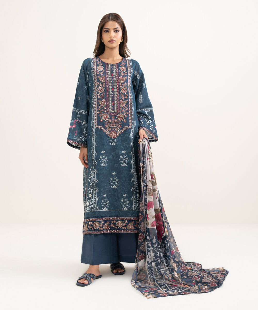 Women's RTW Zari Cotton Embroidered Blue A-Line Shirt
