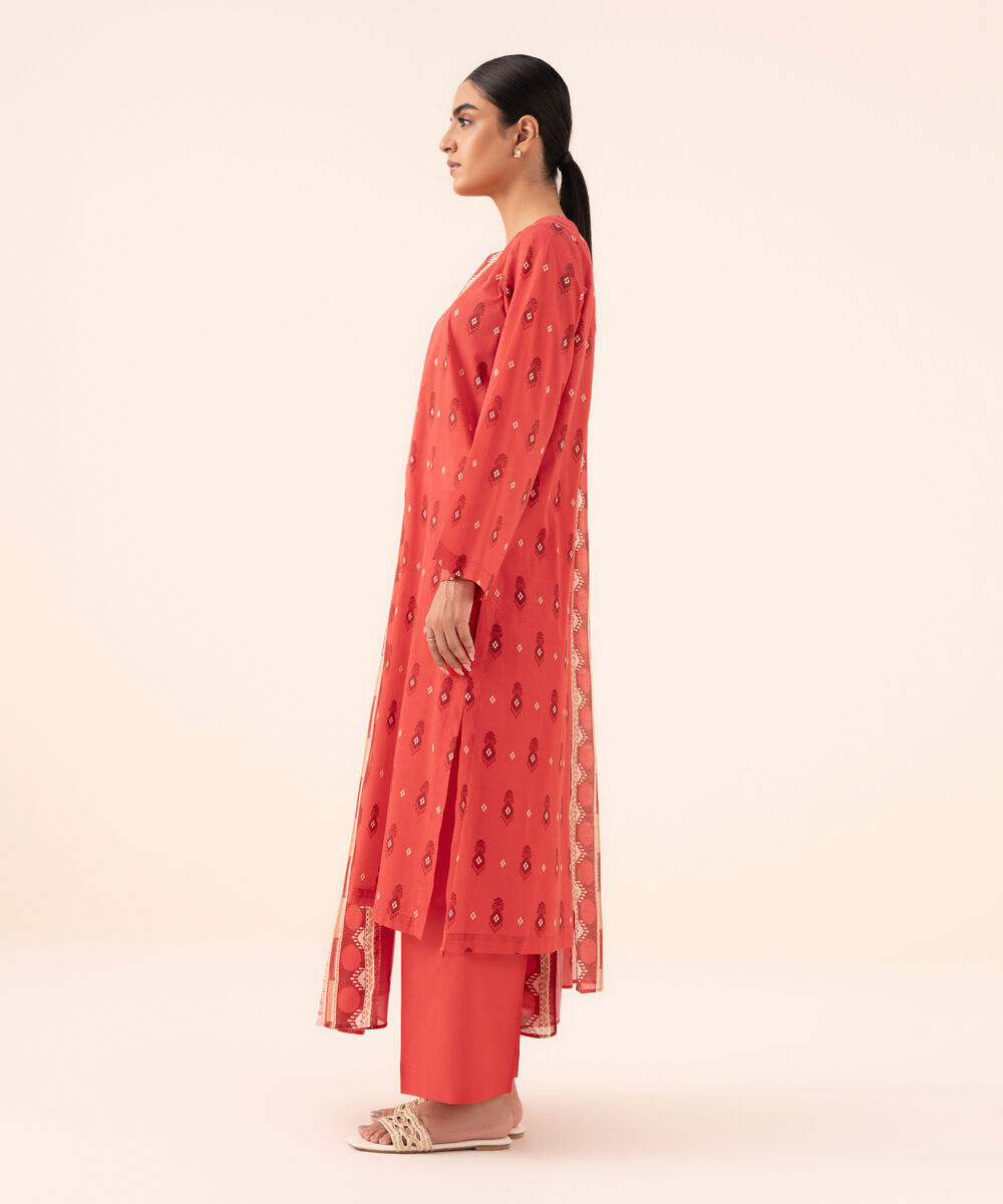 Women's Unstitched Cotton Printed Red Three Piece Suit