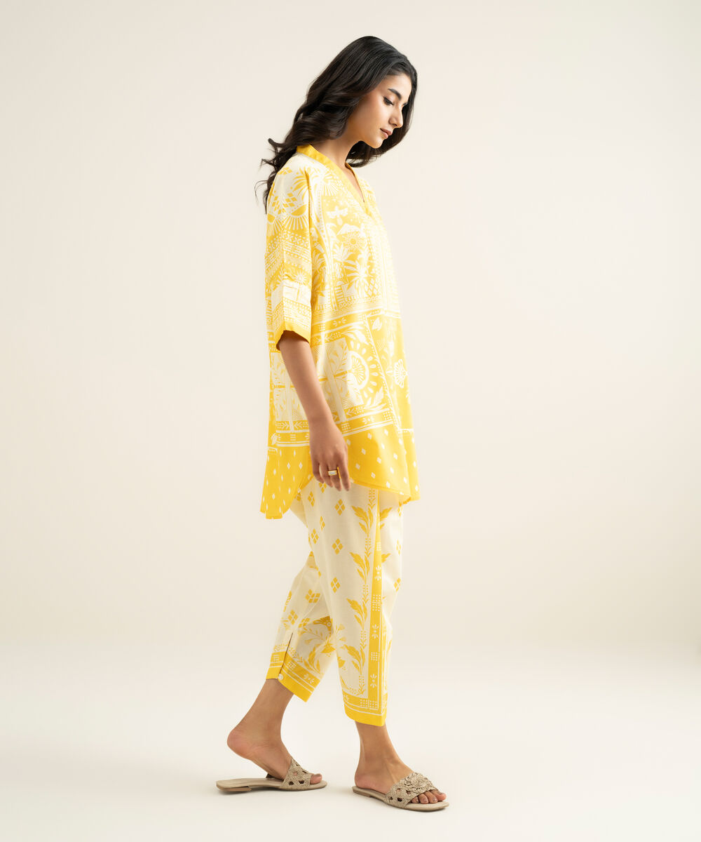 Women's RTW Cotton Viscose Printed Yellow Drop Shoulder Shirt