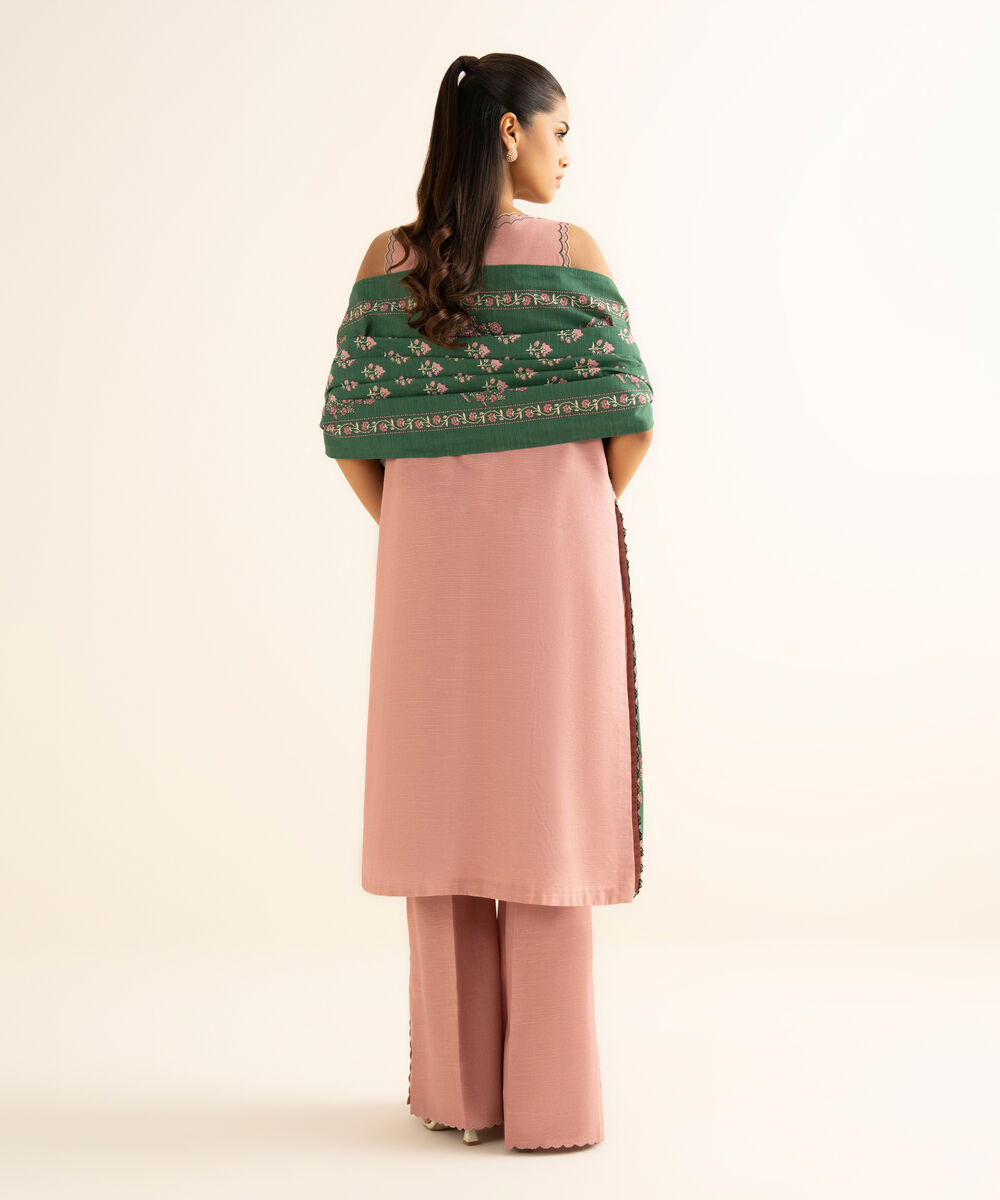 Women's Unstitched Cotton Embroidered Pink 3 Piece Suit