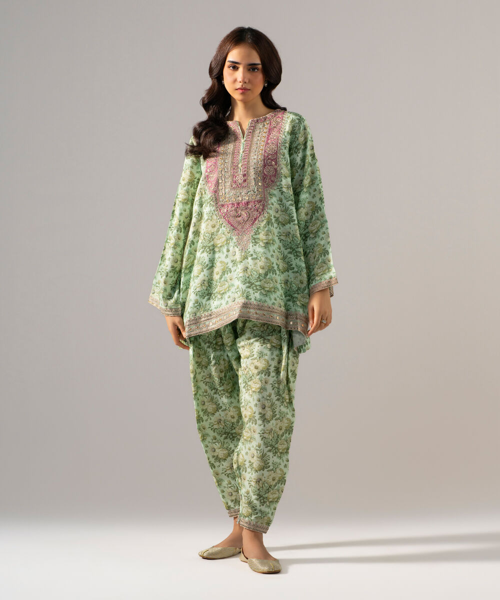 Women's RTW PK Raw Silk Printed Embroidered Green 2 Piece Suit
