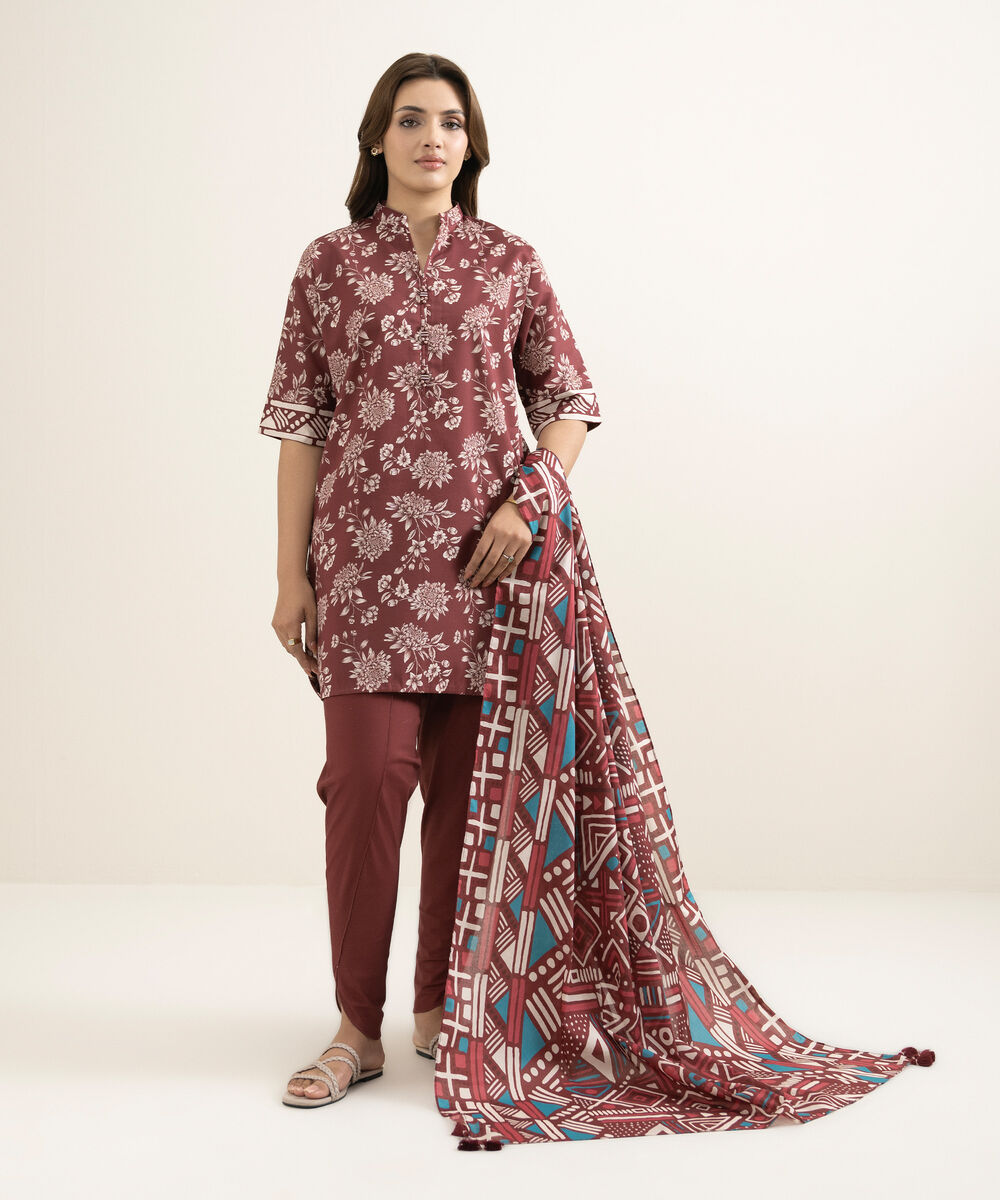 Women's Unstitched Lawn Printed Red 3 Piece Suit