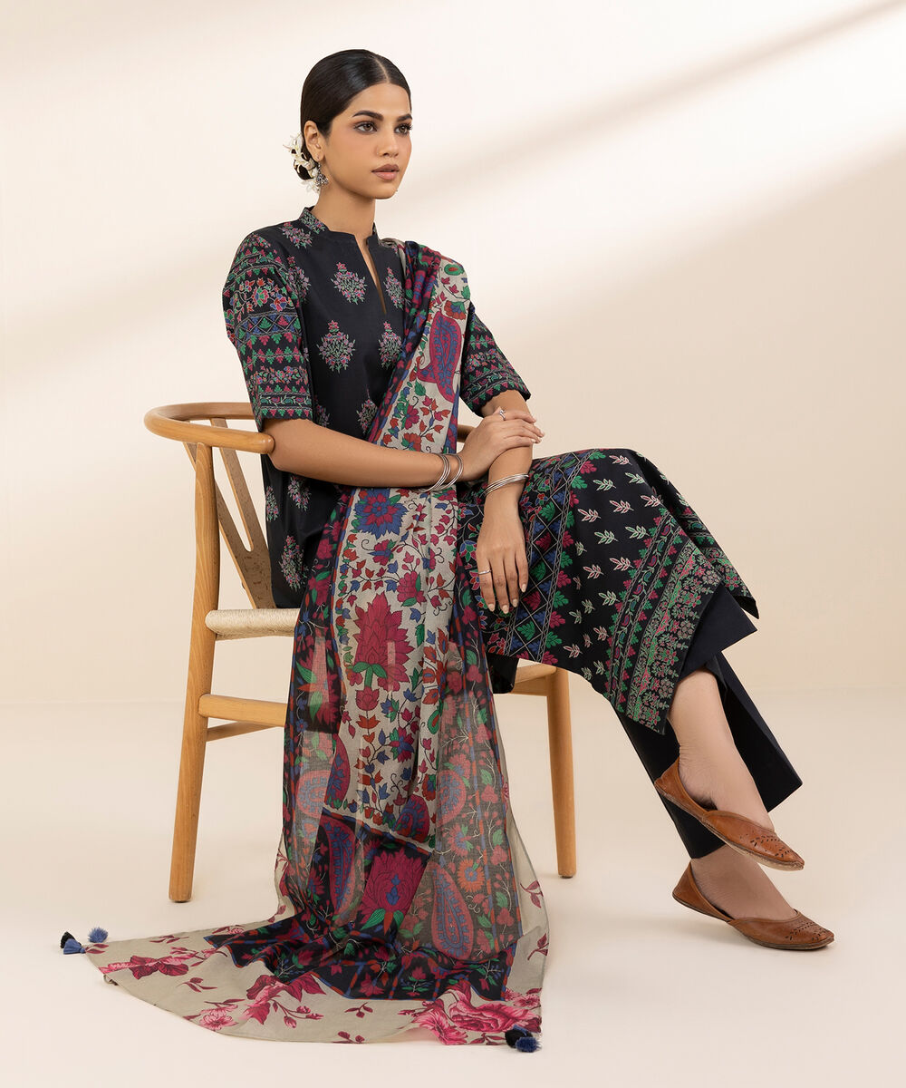 Women's Unstitched Lawn Printed Black 3 Piece Suit