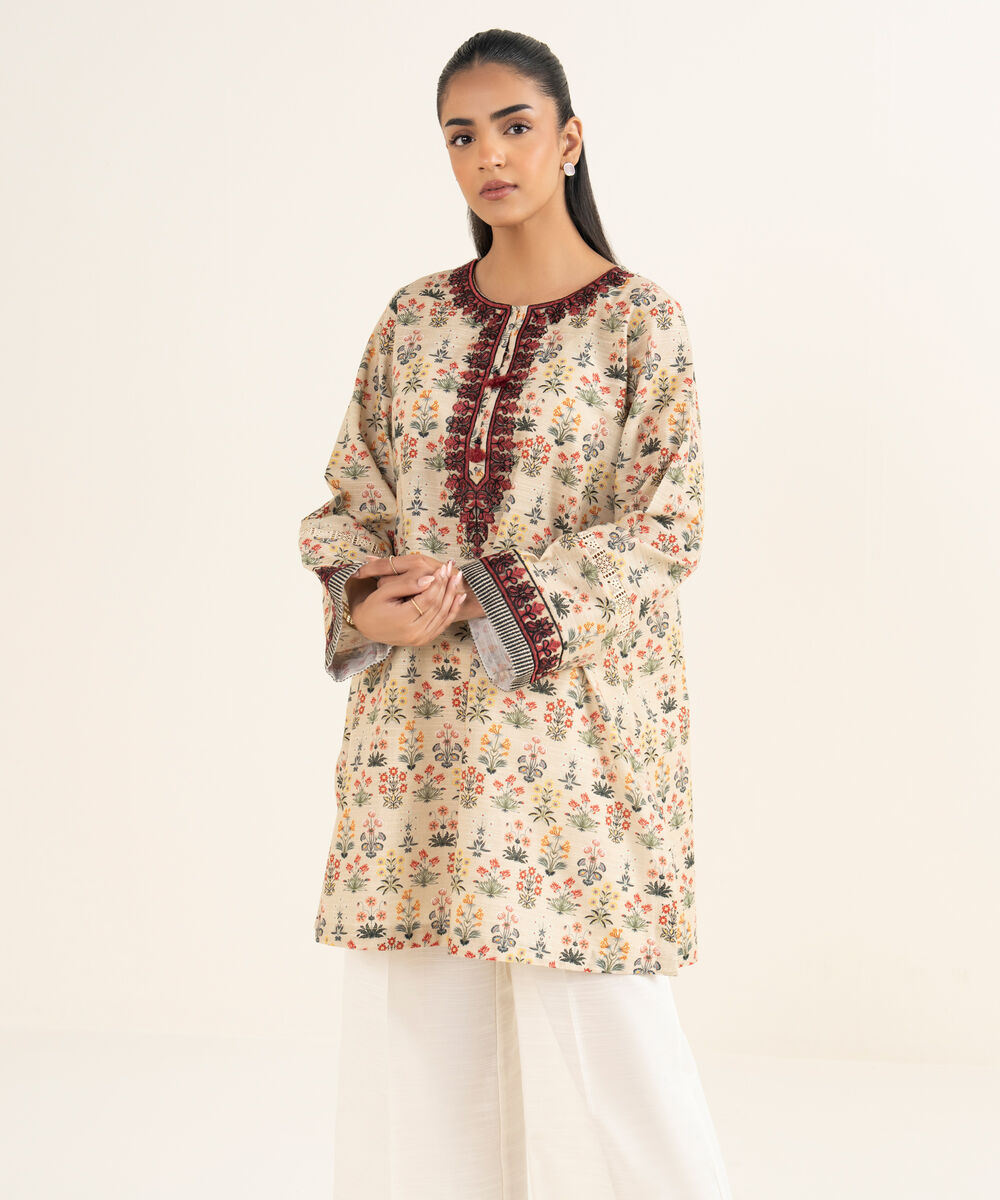 Women's RTW Khaddar Embroidered Beige A-Line Shirt