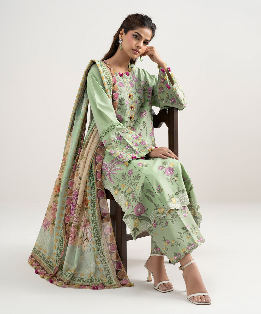 Women's Unstitched Lawn Embroidered Green 3 Piece Suit