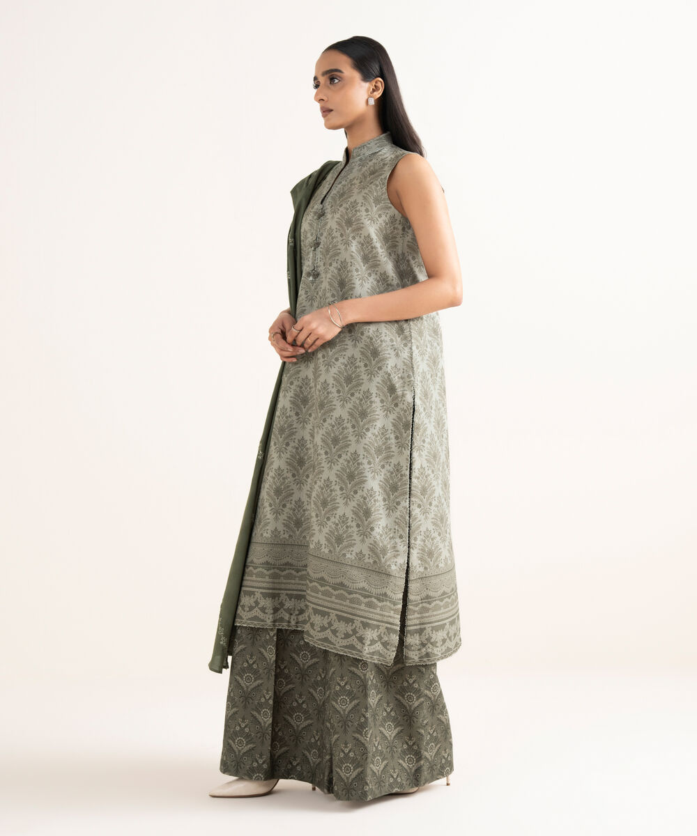 Women's Unstitched Cross Hatch Embroidered Beige 3 Piece Suit