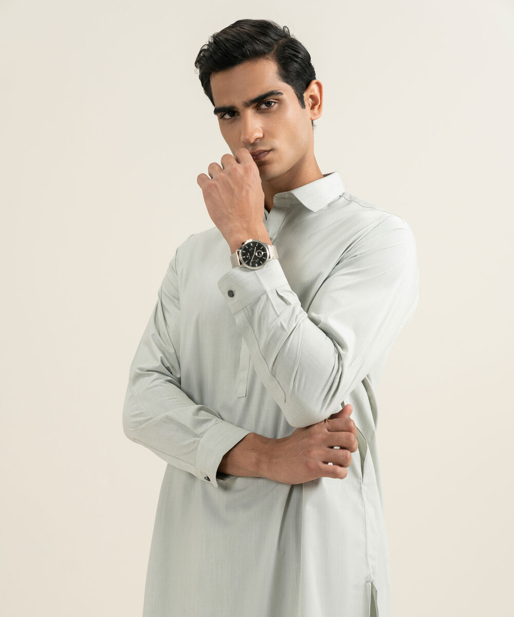 Men's light grey Blended Yarn Dyed Kameez Shalwar
