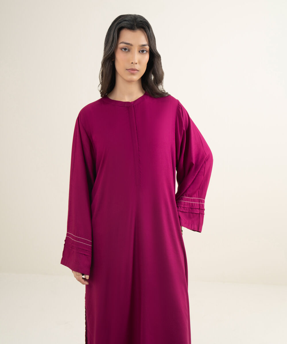 Women's RTW Arabic Lawn Solid Pink Straight Shirt