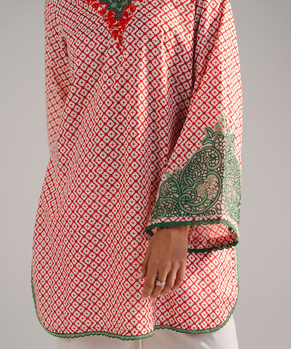 Women's RTW Lawn Embroidered Red Straight Shirt