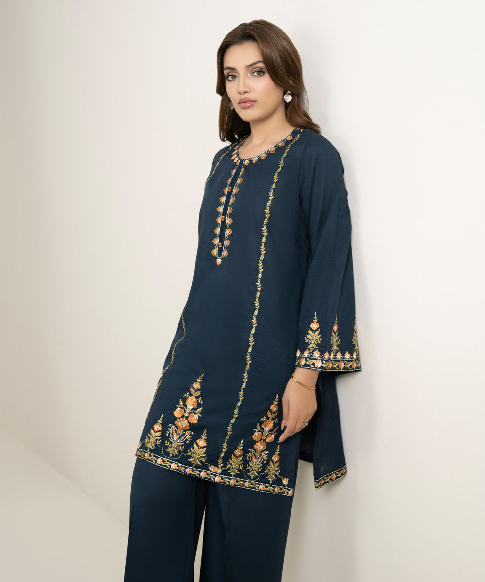 Women's RTW Dobby Embroidered Dark Blue Straight Shirt
