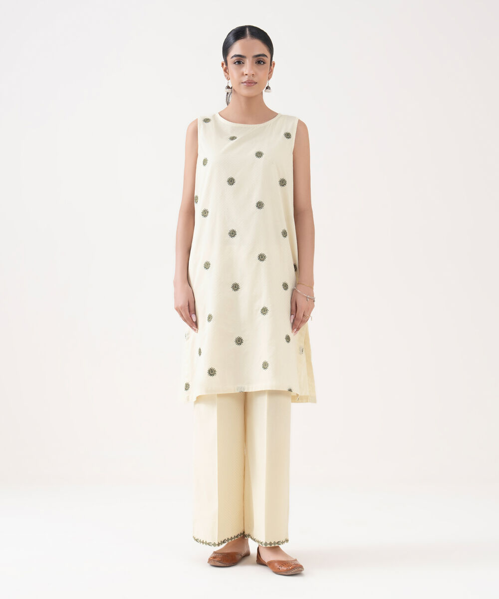 Women's RTW Textured Cotton White Embroidered A-Line Shirt