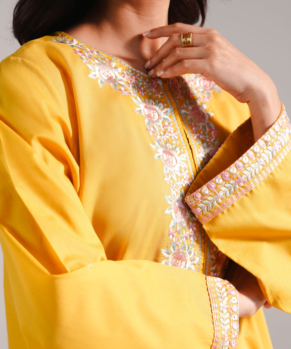 Women's RTW Slub Lawn Embroidered Mustard Yellow 2 Piece Suit