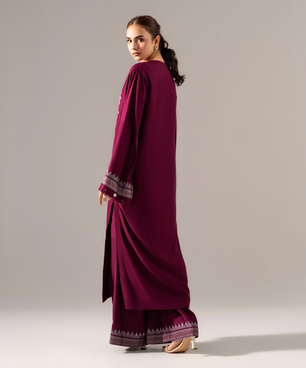 Women's RTW Bedford Solid Embroidered Purple Boxy Shirt