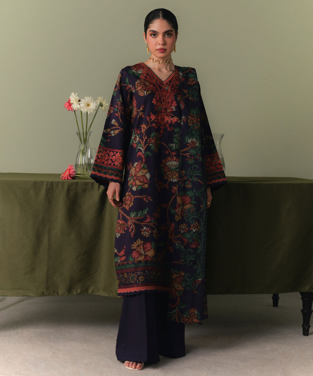 Women's Unstitched Lawn Embroidered Purple 3 Piece Suit