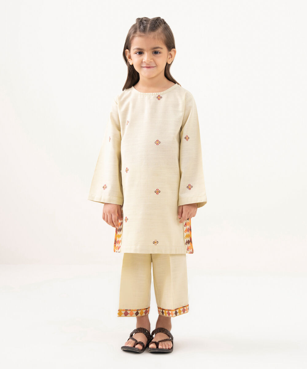 Girl's Light Khaddar Embroidered Beige 2 Piece Suit