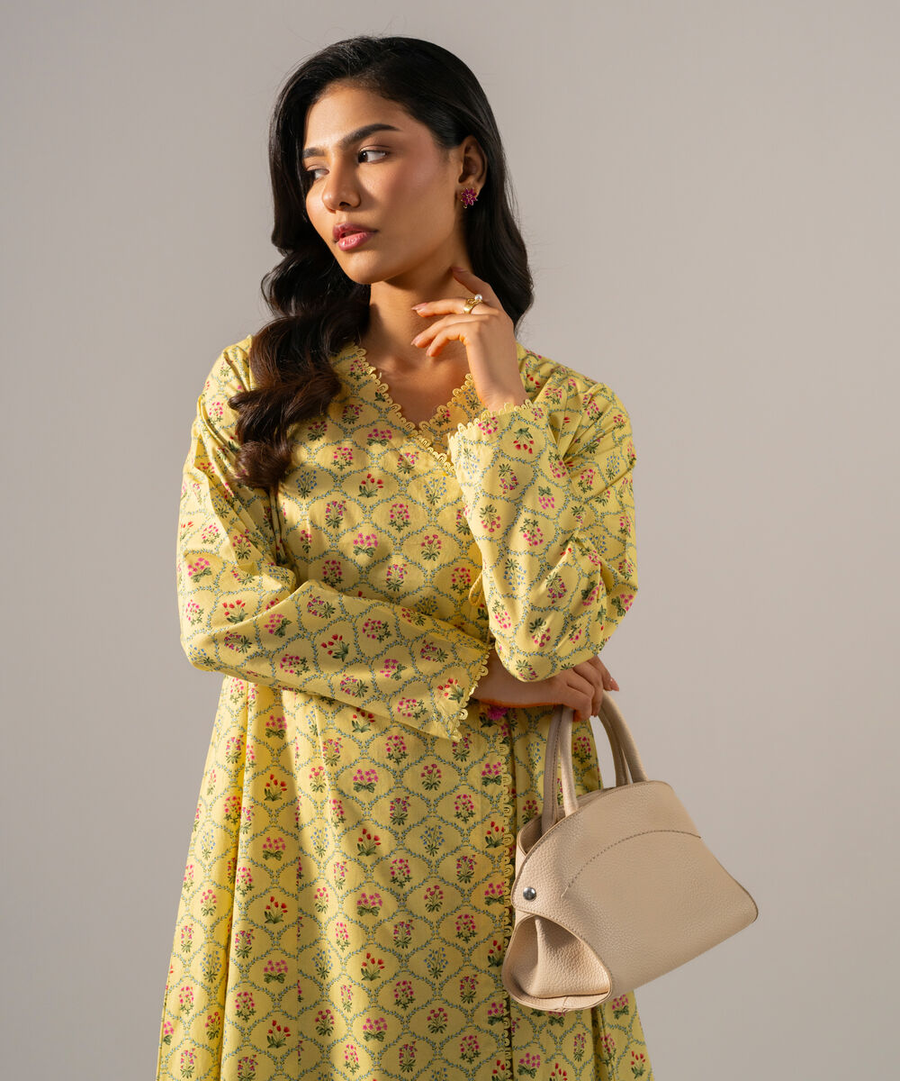 Women's RTW Cambric Printed Pale Yellow Angrakha