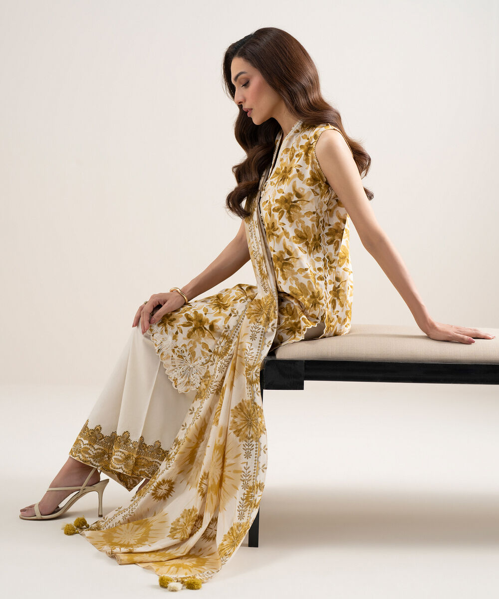 Women's Unstitched Lawn Embroidered Yellow and Off White 3 Piece Suit