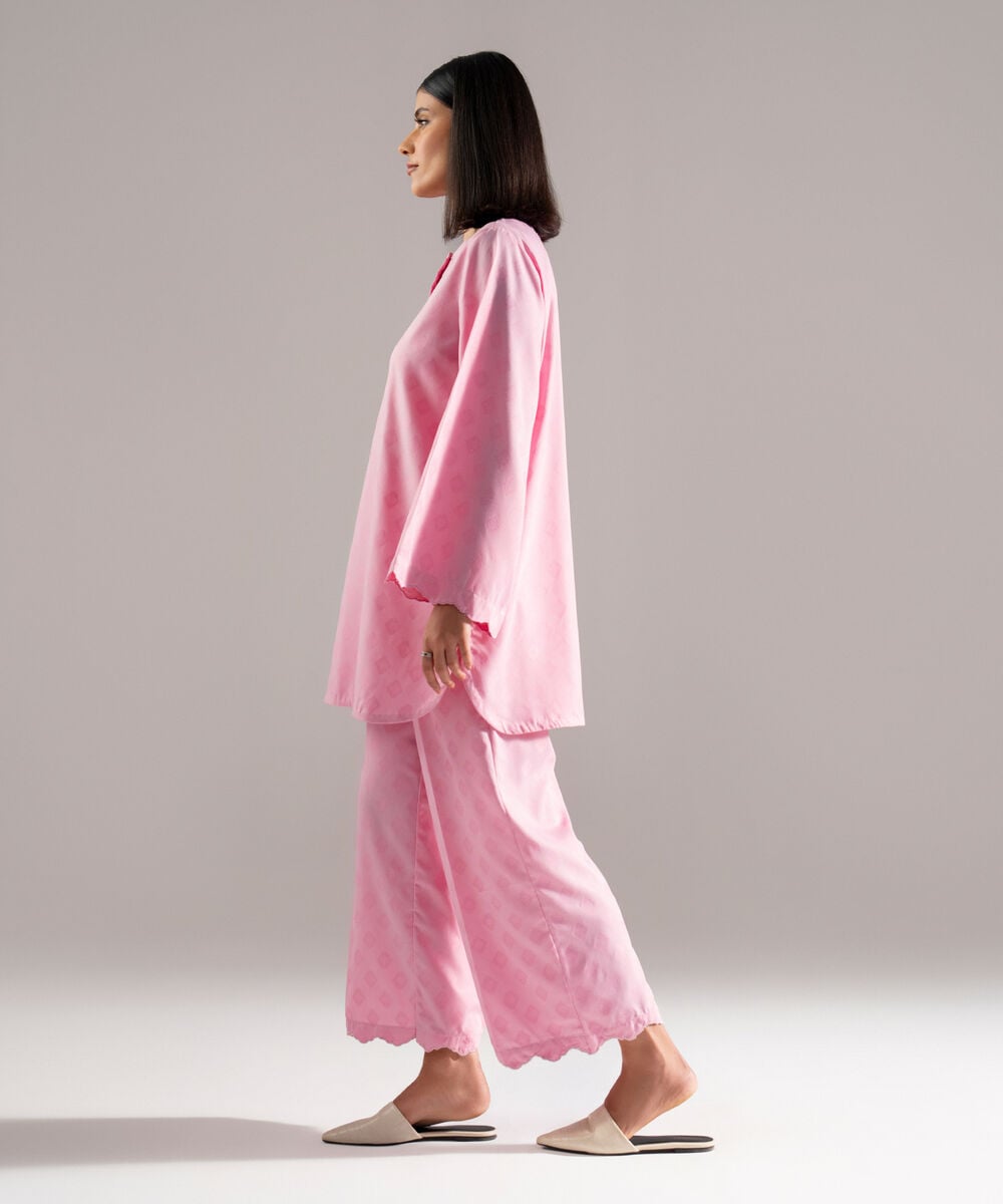 Women's RTW Poly Viscose Jacquard Solid Pink Straight Shirt