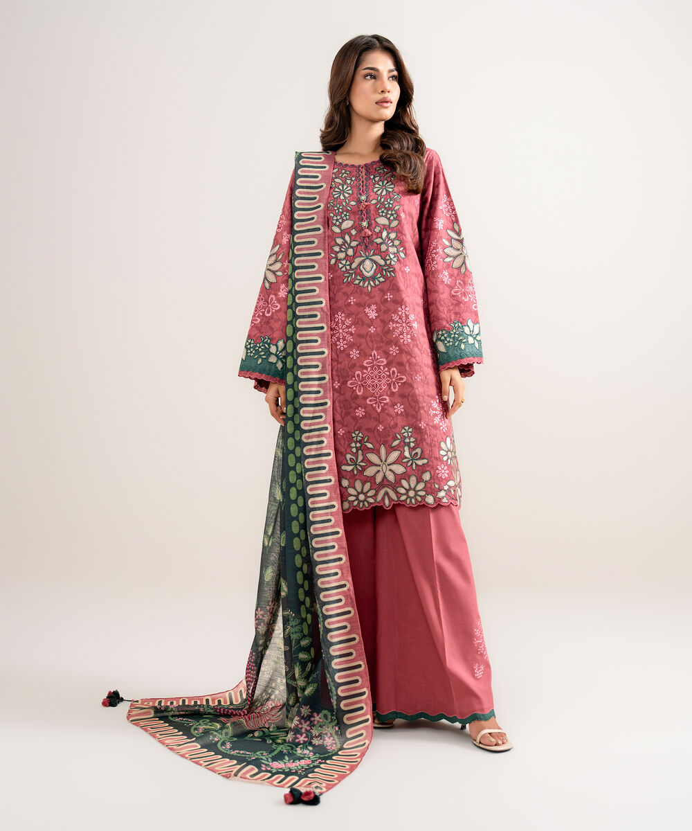 Women's Unstitched Embroidered Cotton Jacquard Tea Pink 3 Piece Suit