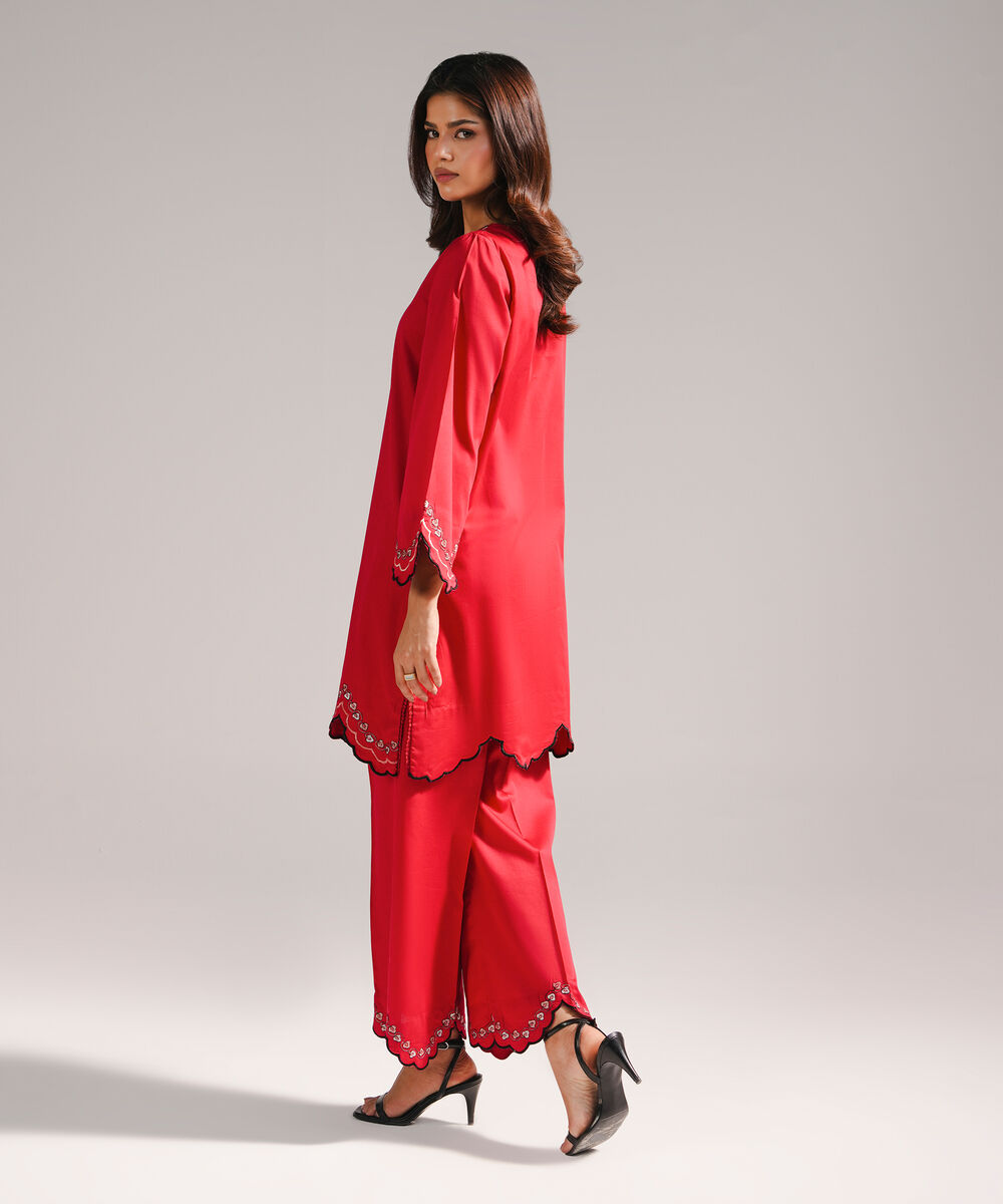 Women's RTW Cotton Satin Embroidered Red 2 Piece Suit