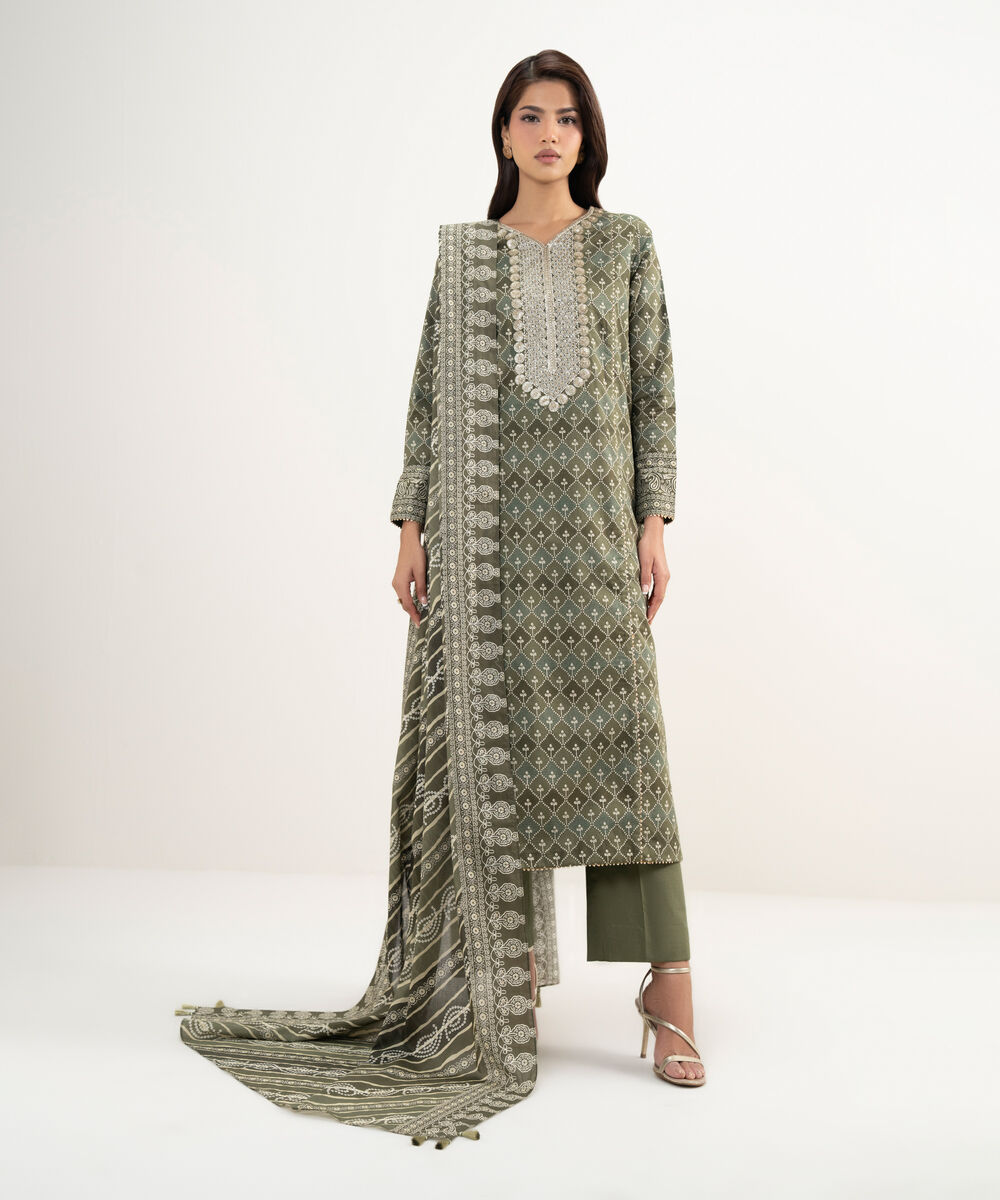 Women's Unstitched Lawn Green Embroidered 3 Piece Suit