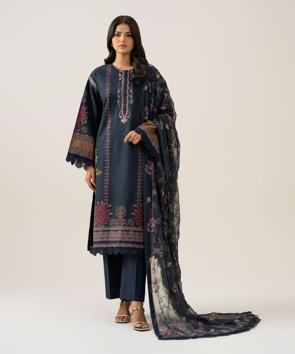 Women's Unstitched Blended Chiffon Printed Plum 3 Piece Suit
