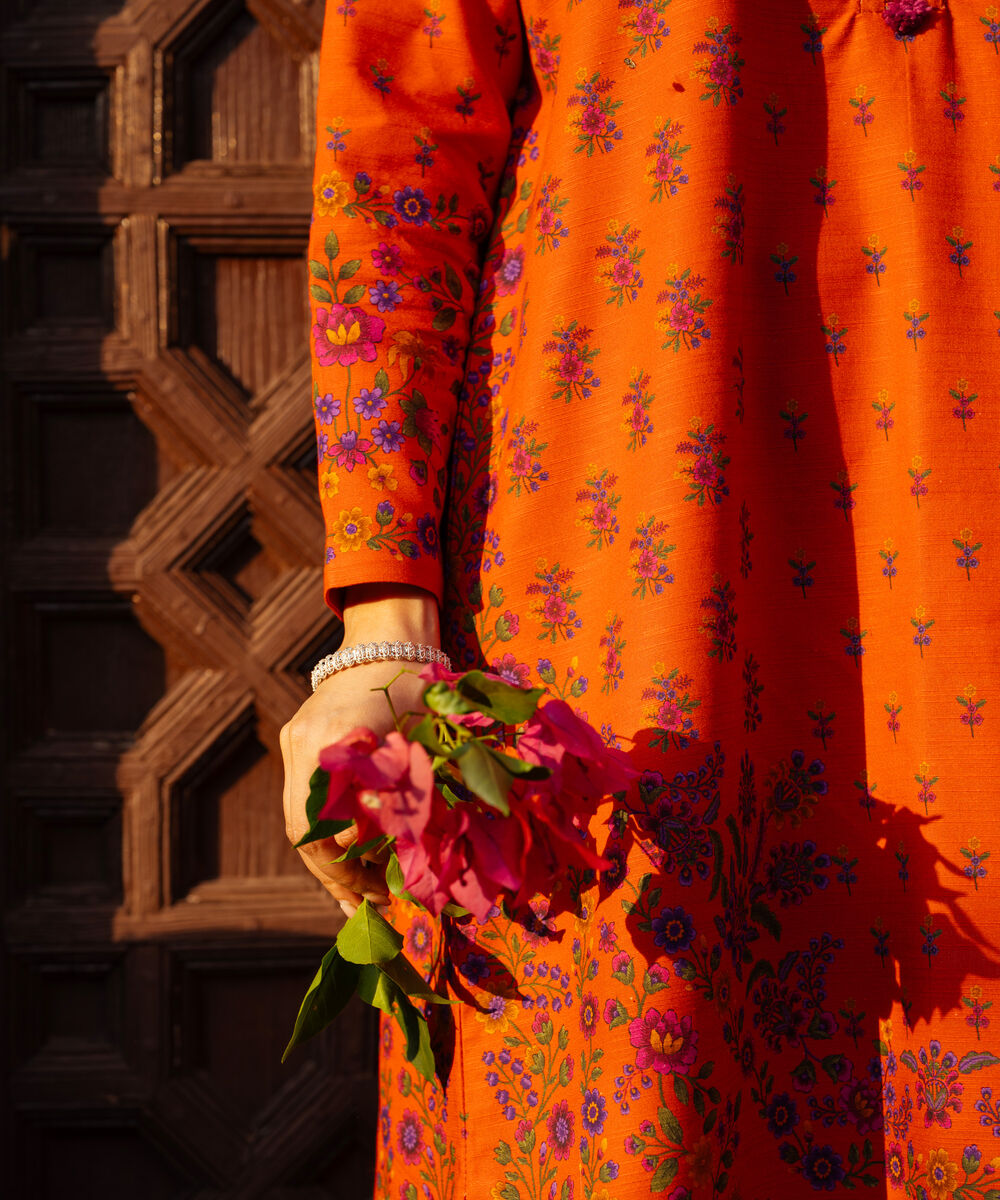 Women's Unstitched Printed Light Khaddar Orange 3 Piece Suit