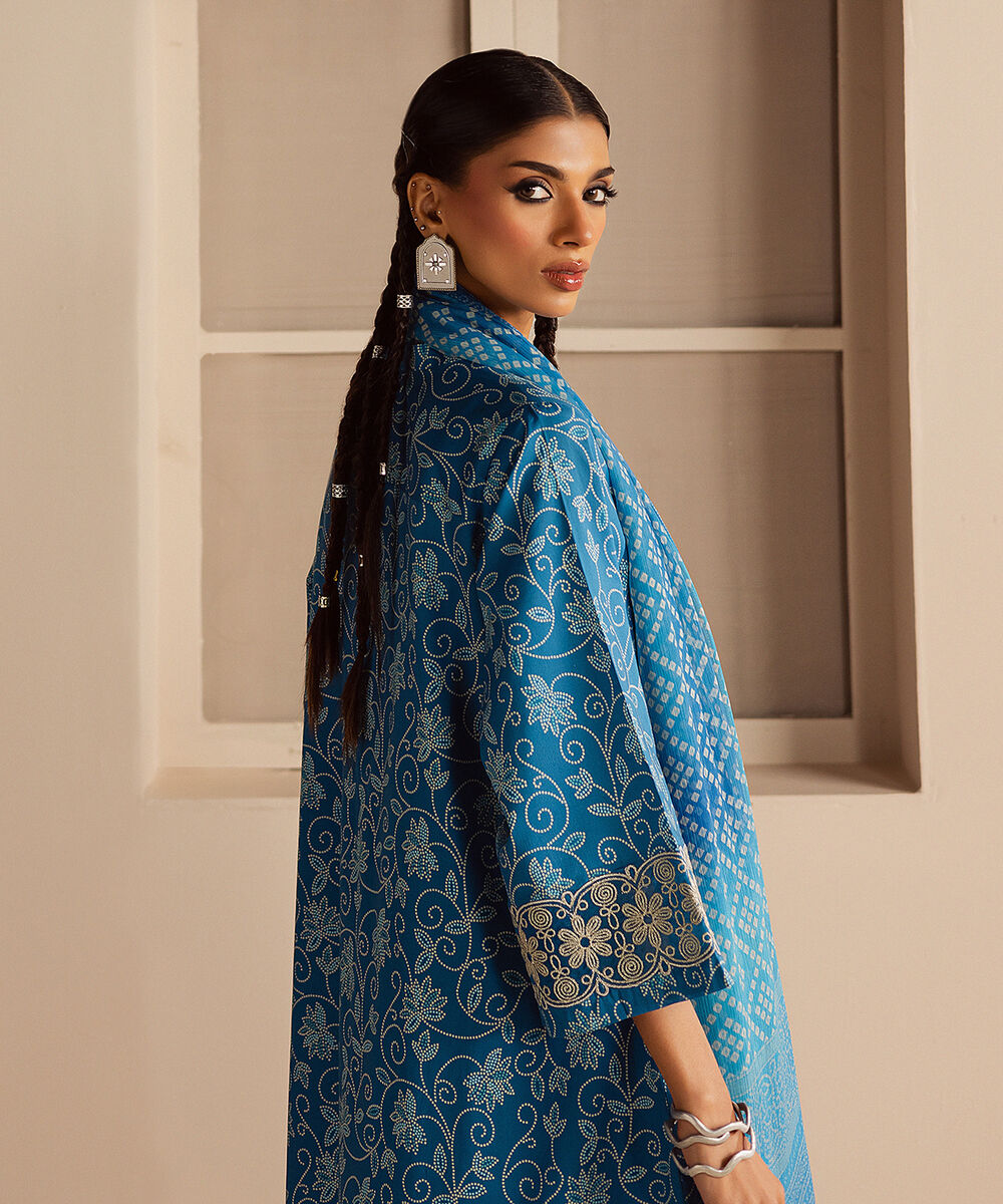 Women's Unstitched Lawn Embroidered Blue 3 Piece Suit