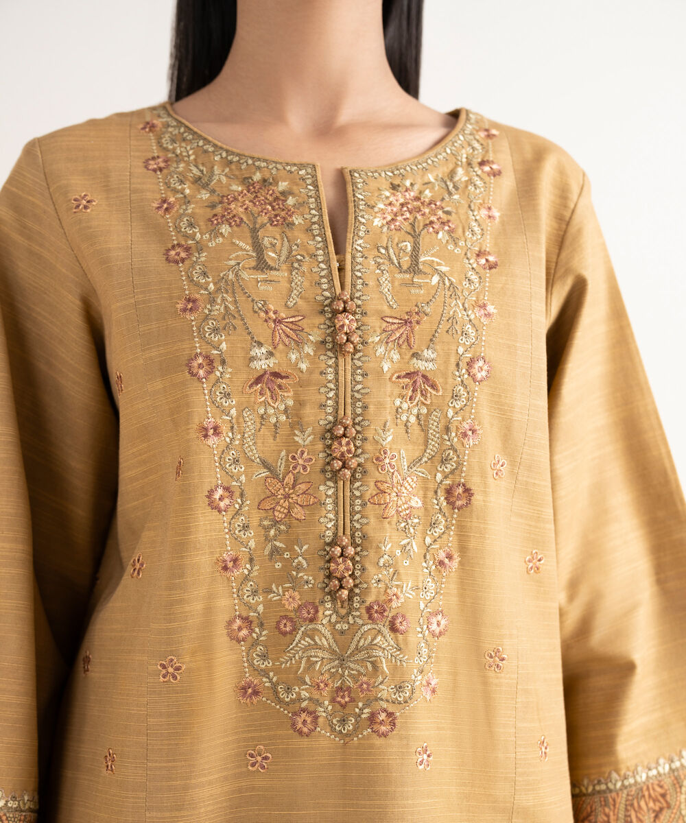Women's Unstitched Light Khaddar Embroidered Brown 3 Piece Suit