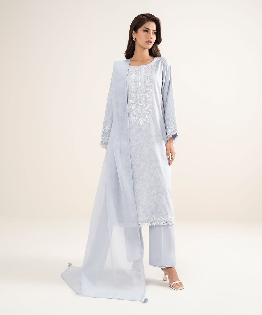 Women's RTW Premium Cotton Satin Embroidered Purple A-Line Shirt