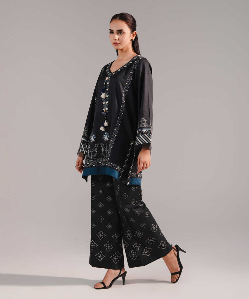 Women's RTW Cotton Satin Printed Black Straight Shirt