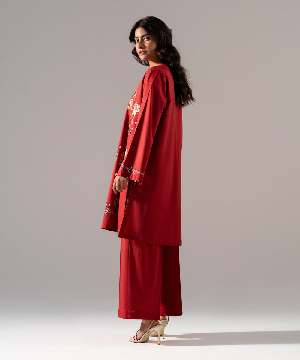 Women's RTW Solid Embroidered Rust Cotton Viscose Shirt