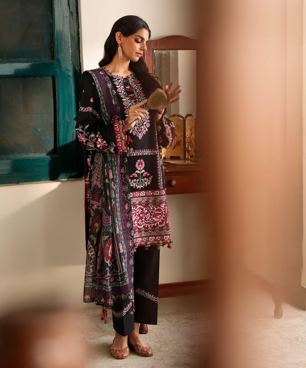 Women's Unstitched Lawn Embroidered Black 3 Piece Suit