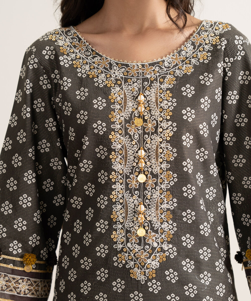 Women's Unstitched Zari Lawn Embroidered Brown 3 Piece Suit