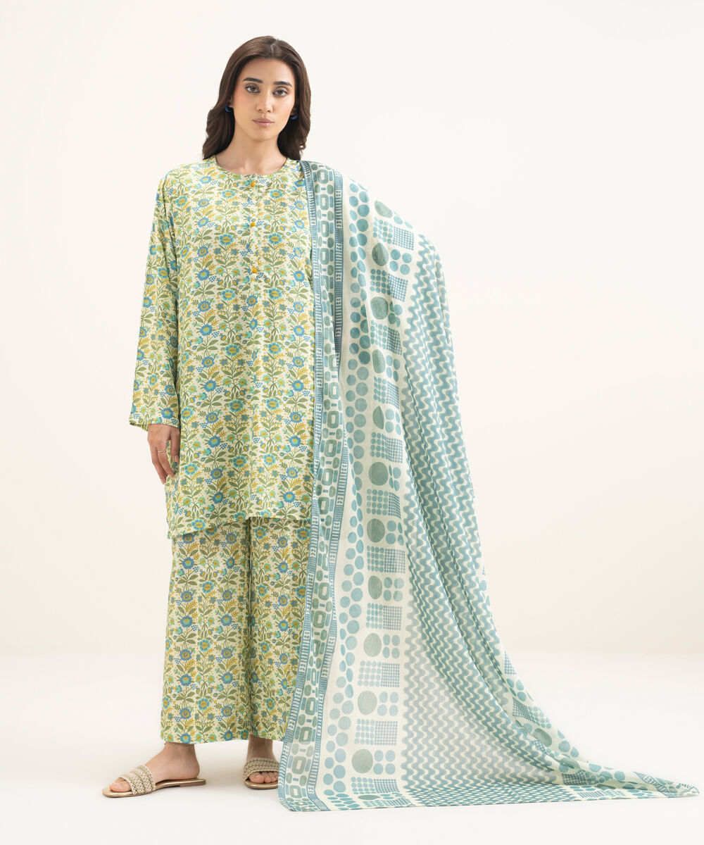 Women's RTW Arabic Lawn Printed Mint Green Boxy Shirt