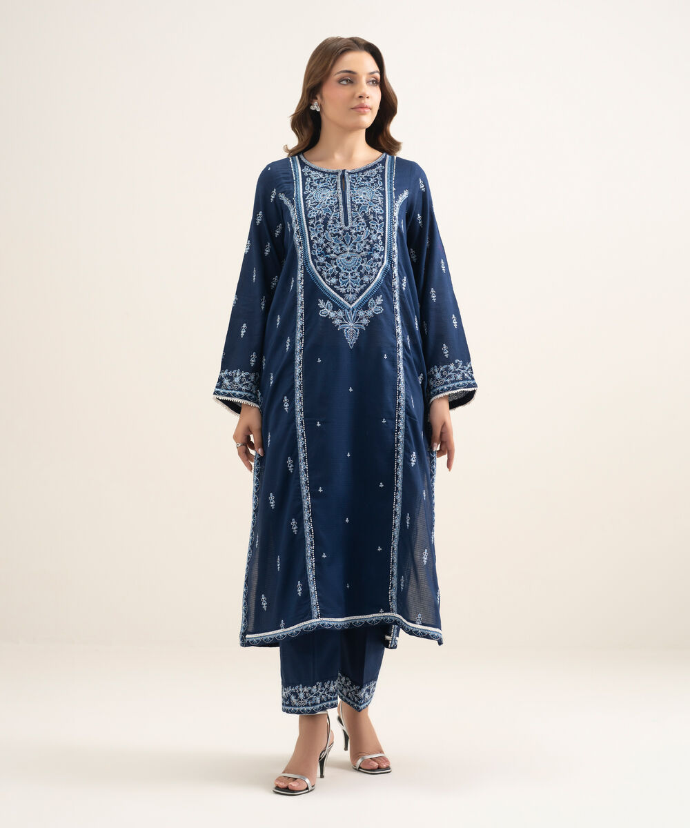 Women's RTW Dobby Embroidered Blue Straight Shirt