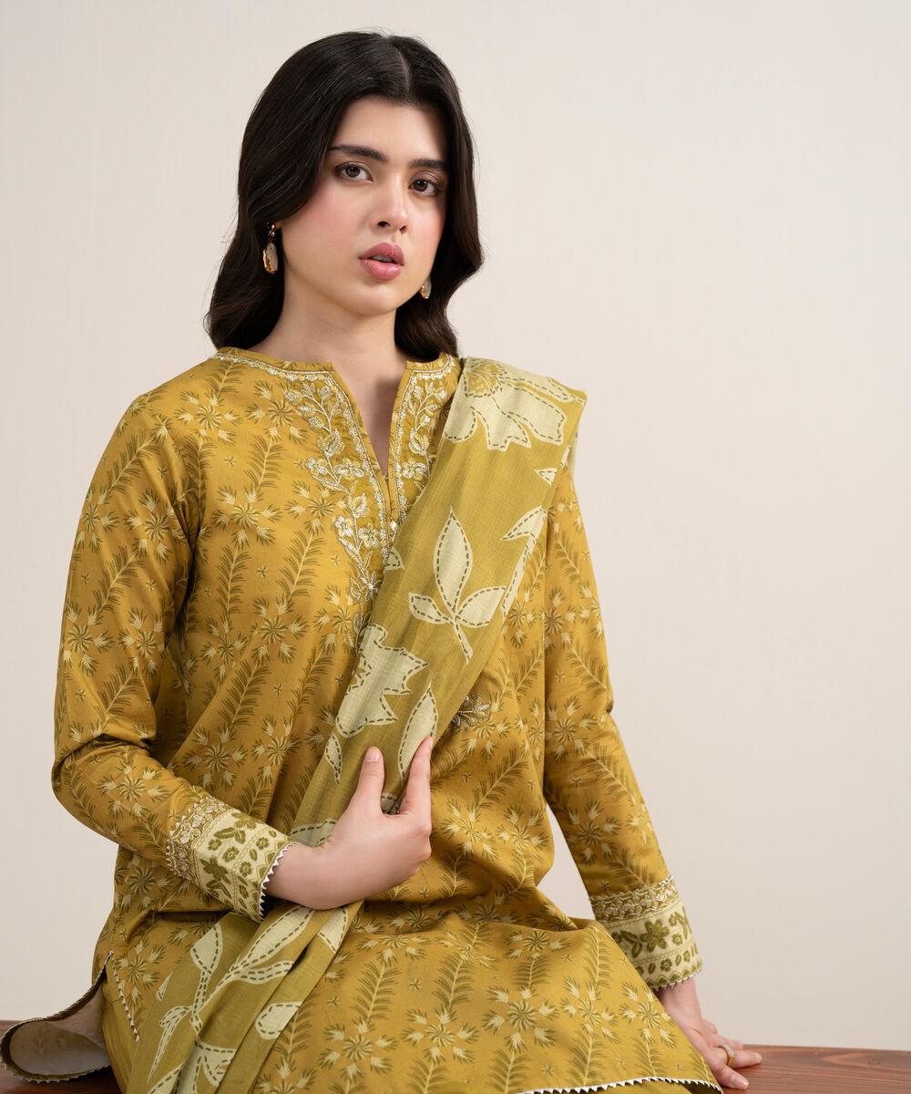 Women's Unstitched Lawn Embroidered Brown 3 Piece Suit
