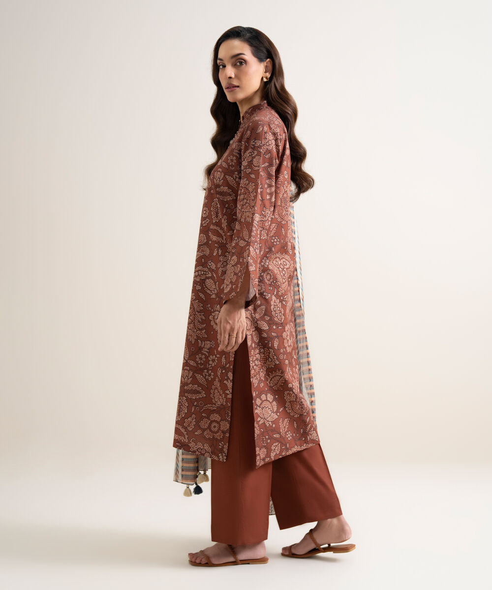 Women's Unstitched Lawn Printed Brown 3 Piece Suit