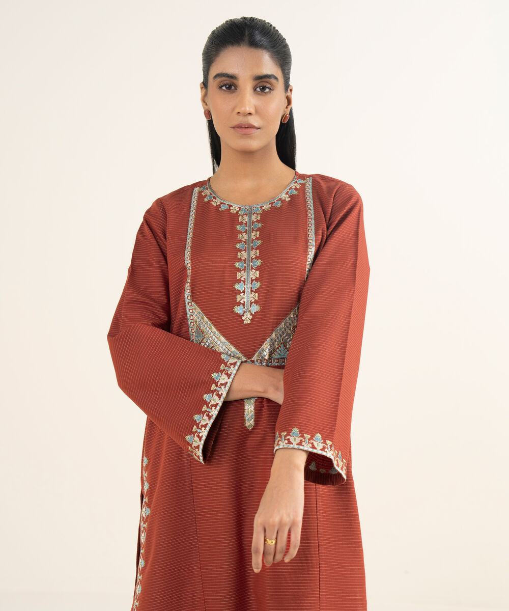 Women's RTW Light Khaddar Embroidered A-Line Rust Shirt