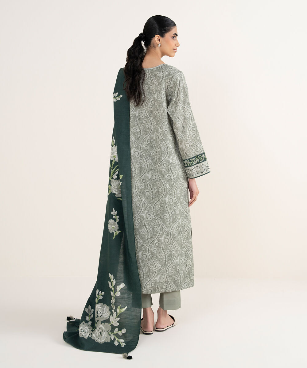 Women's Unstitched Printed Dobby Grey 3 Piece Suit