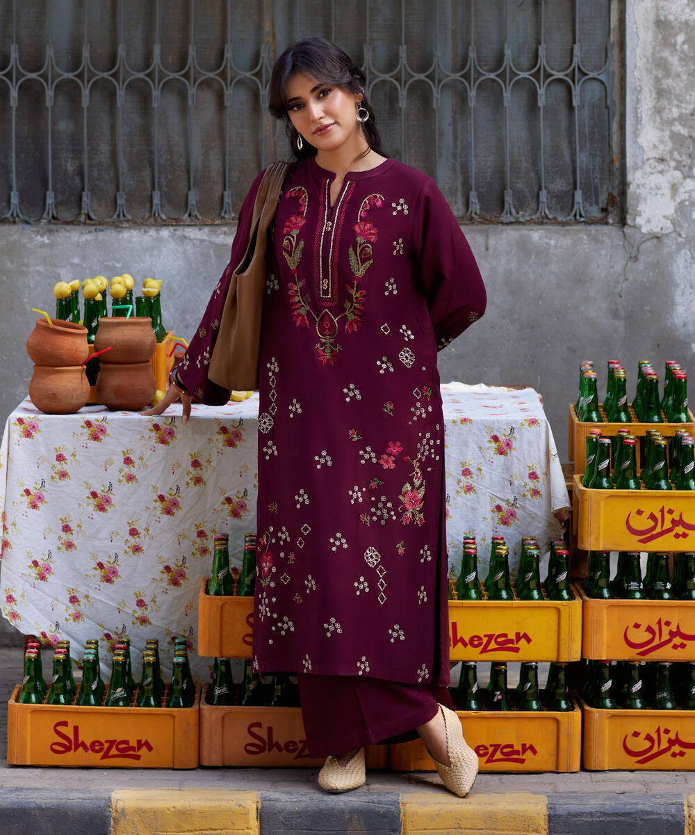 Women's RTW Bedford Solid Embroidered Plum A-Line Shirt