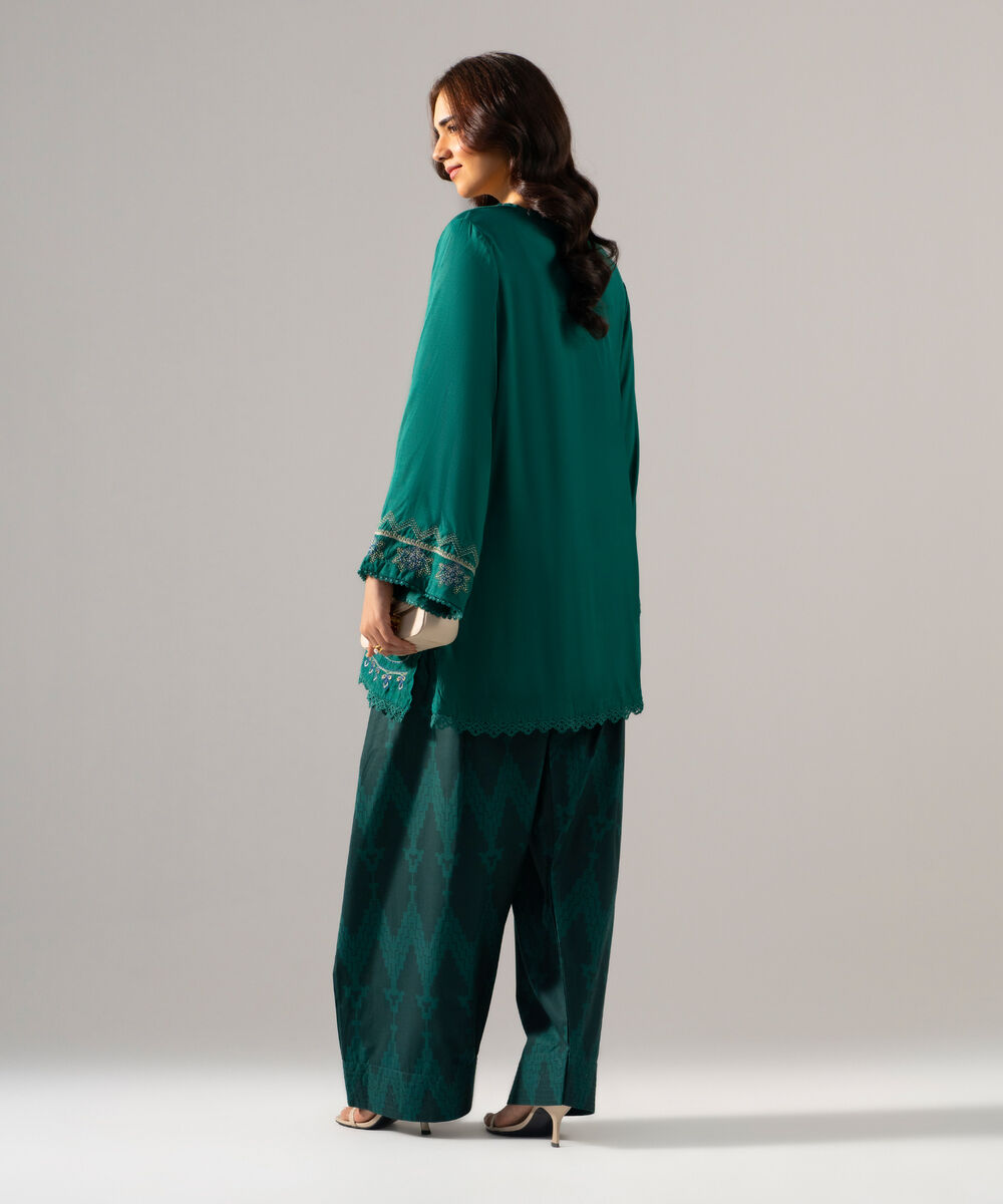 Women's RTW PK Raw Silk Solid Embroidered Green 2 Piece Suit