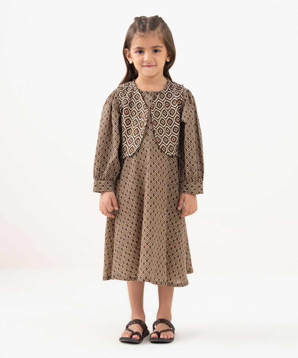 Girl's Light Khaddar Printed Brown A-Line Shirt