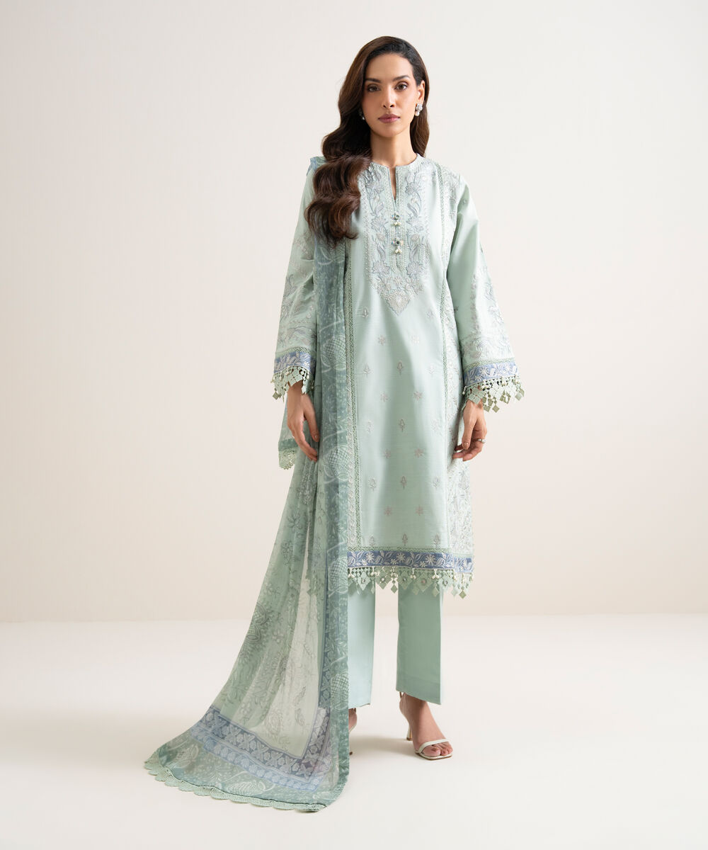 Women's Unstitched Lawn Embroidered Blue 3 Piece Suit