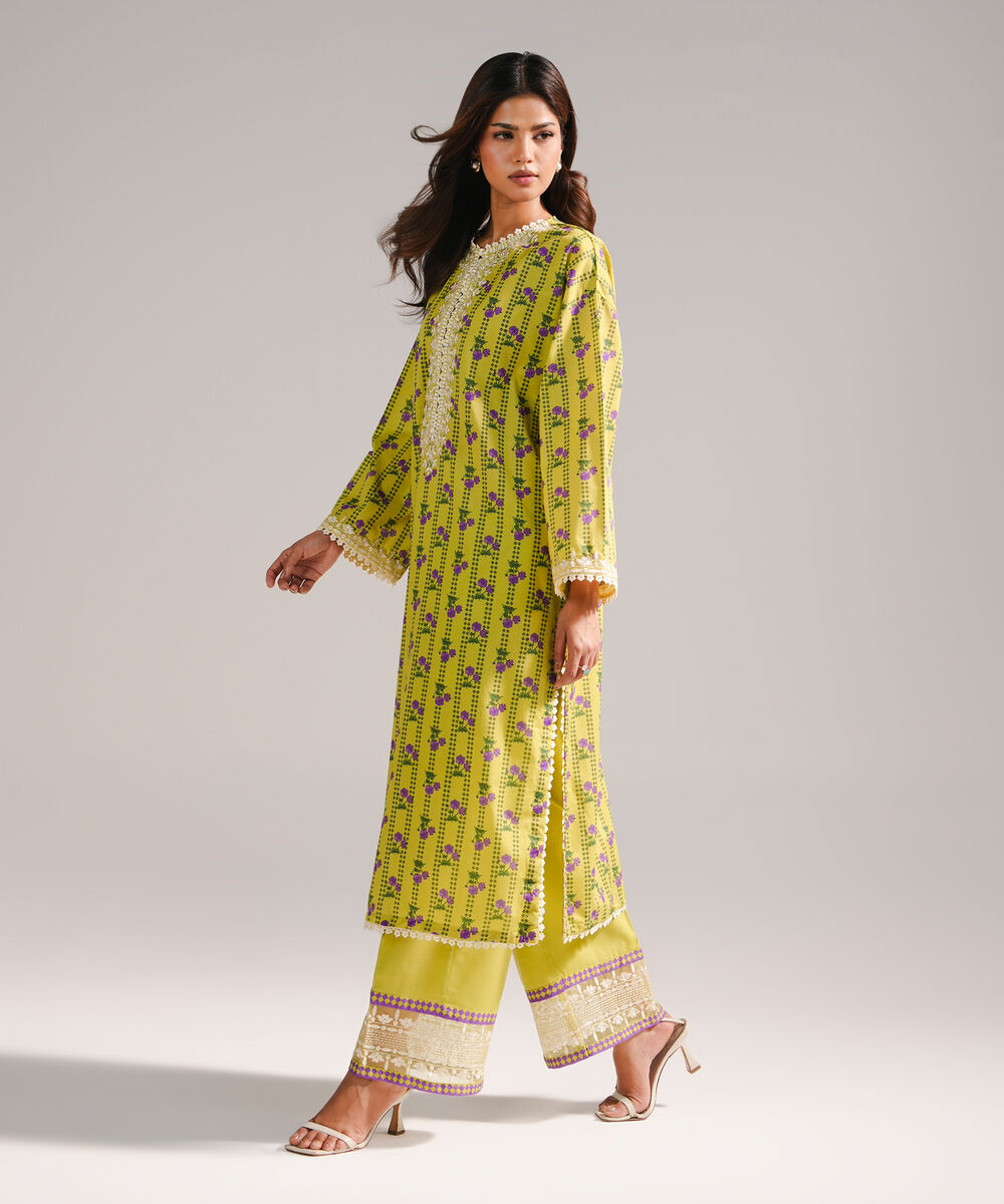 Women's RTW Slub Lawn Embroidered Green Straight Shirt