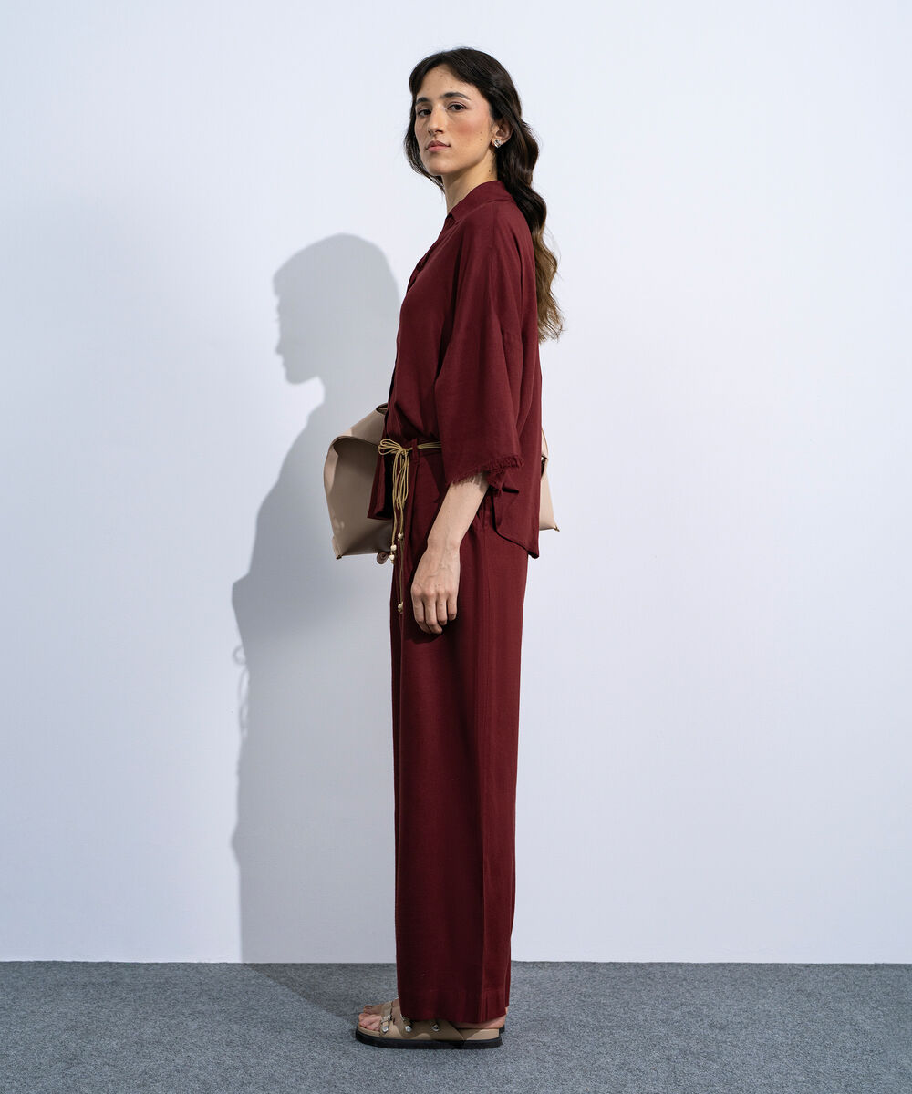 Women's Red Linen Blend V-Neck Top