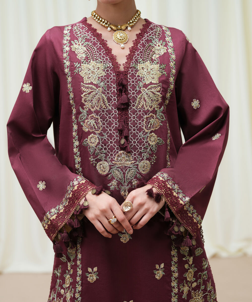 Women's Unstitched Fine Cotton Satin Embroidered Red 3 Piece Suit