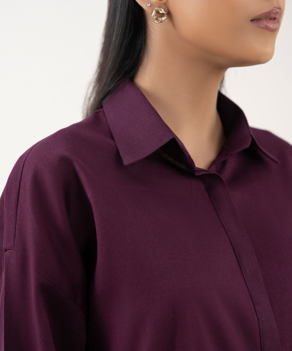 Women's RTW Cotton Linen Purple Solid Button Down Shirt
